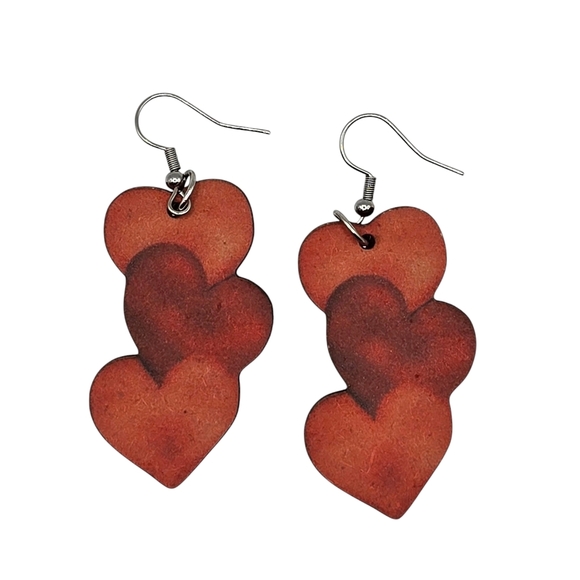 Rustic Brown Heart Earrings with Silver Fish Hook - Picture 3 of 5